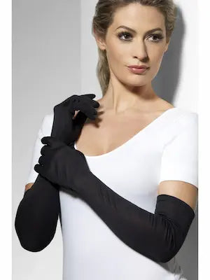 Lange schwarze elegante Handschuhe aus Stretchmaterial – Vorderansicht