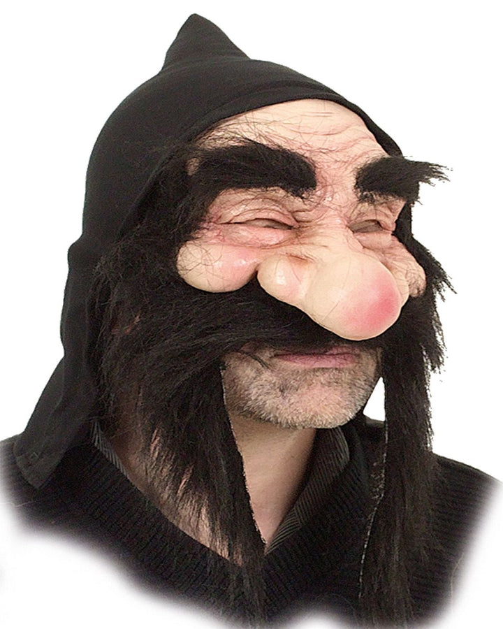 Gnom Maske mit großer Nase, schwarzer Kapuze und schwarzem Bart für Karneval und Halloween