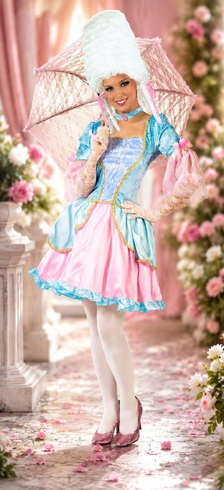 Barock Damenkostüm in Rosa und Blau mit weißer Perücke und Spitzenschirm