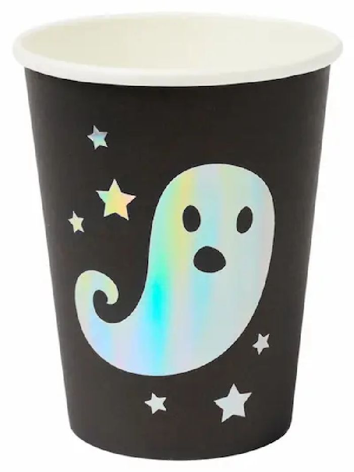 Halloween Pappbecher mit Geistermotiv in Schwarz mit holografischem Geist und Sternen für Getränke und Halloweenparty