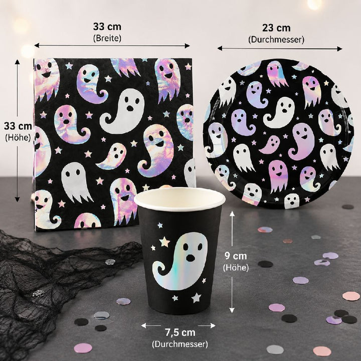 Geister Halloween Geschirr als Partyset mit passenden Servietten, Papptellern und Pappbechern für Halloween und Gruselparty
