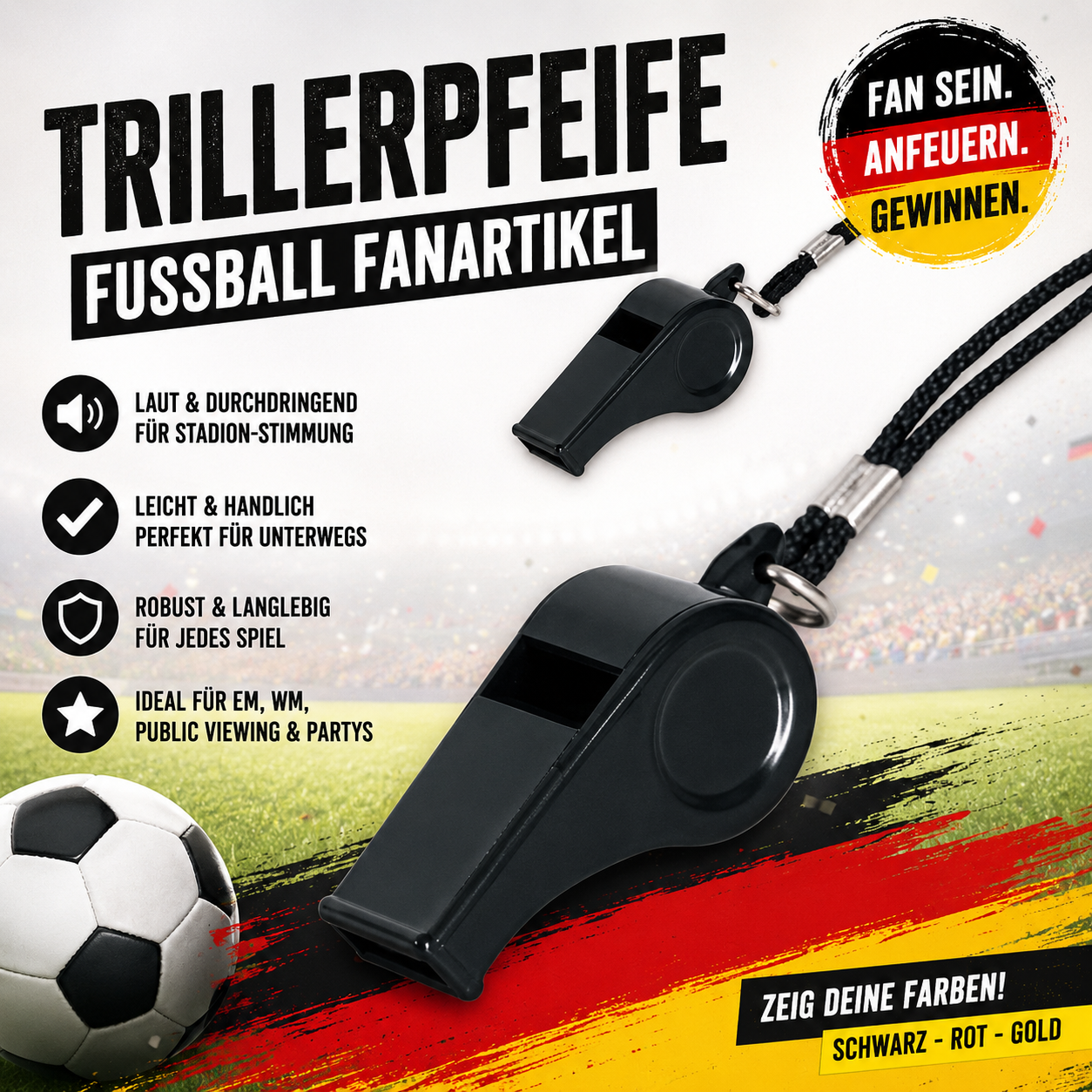 Schwarze Fußball Trillerpfeife mit Band – Lautes Fanaccessoire für EM, WM, Stadion und Public Viewing
