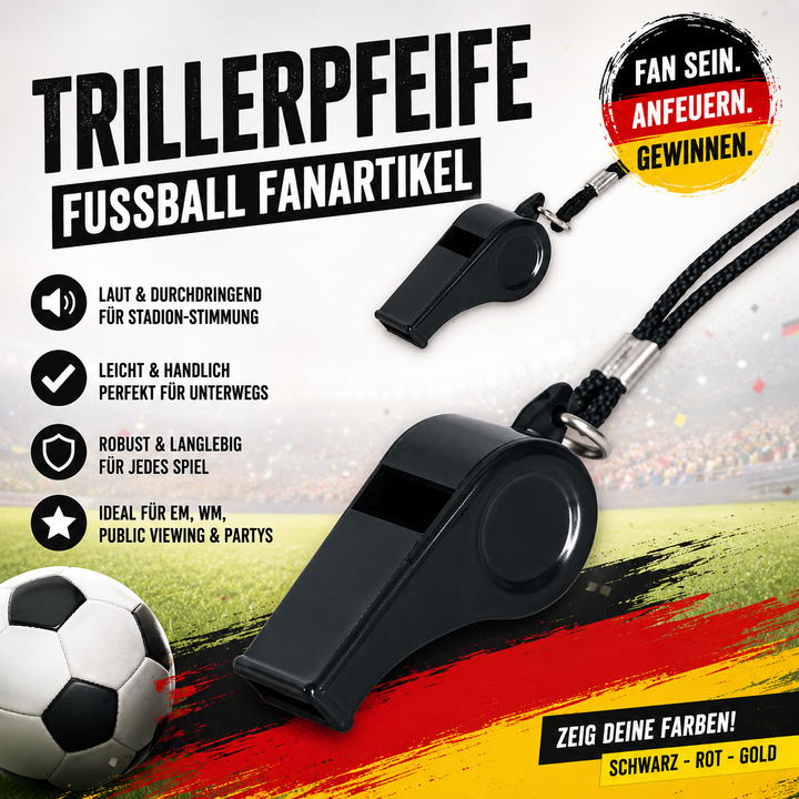 Schwarze Fußball Trillerpfeife mit Band – Lautes Fanaccessoire für EM, WM, Stadion und Public Viewing