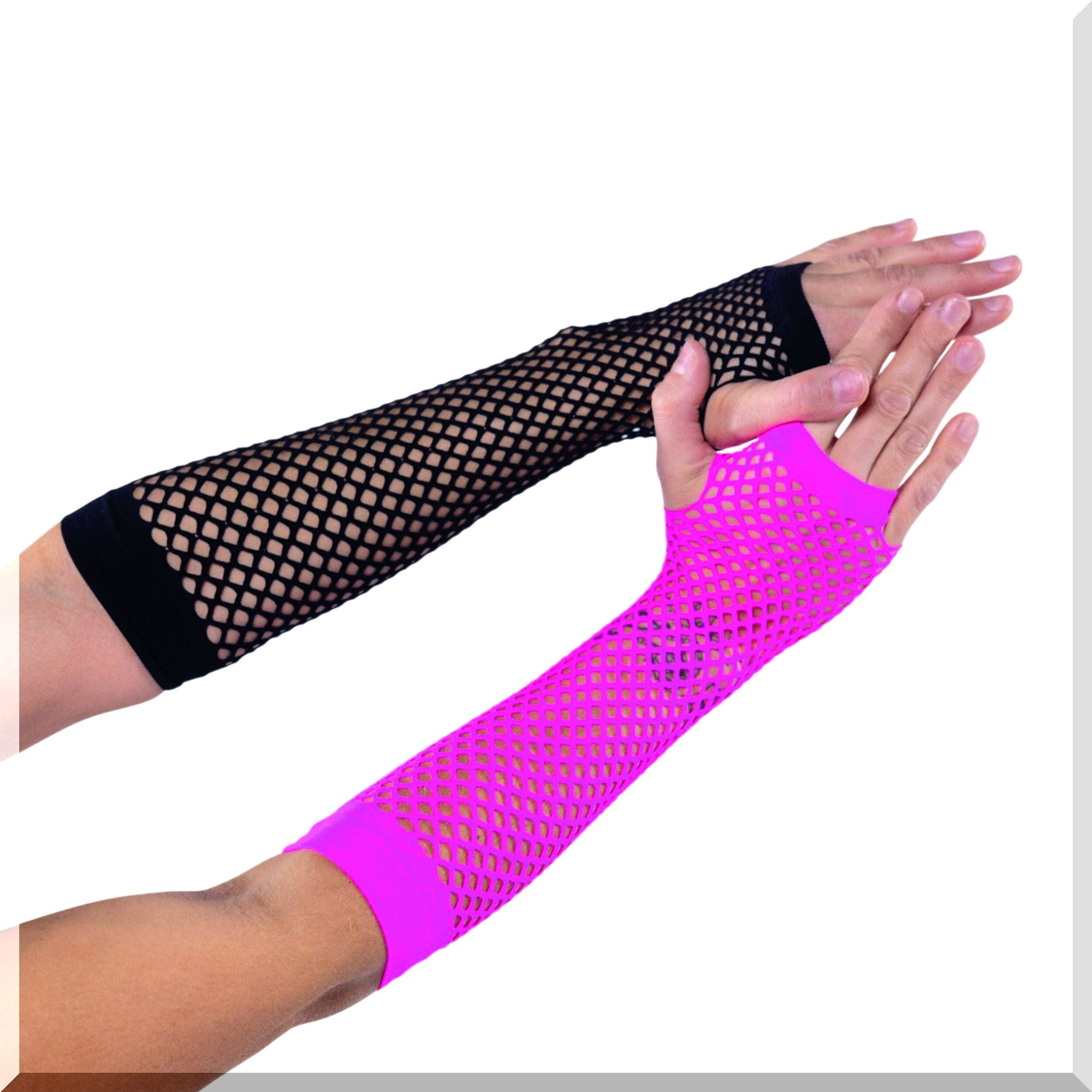 PartyStyle24 - Neon Pinke oder schwarze Netzhandschuhe 80er Jahre Kostüm Accessoire Karneval