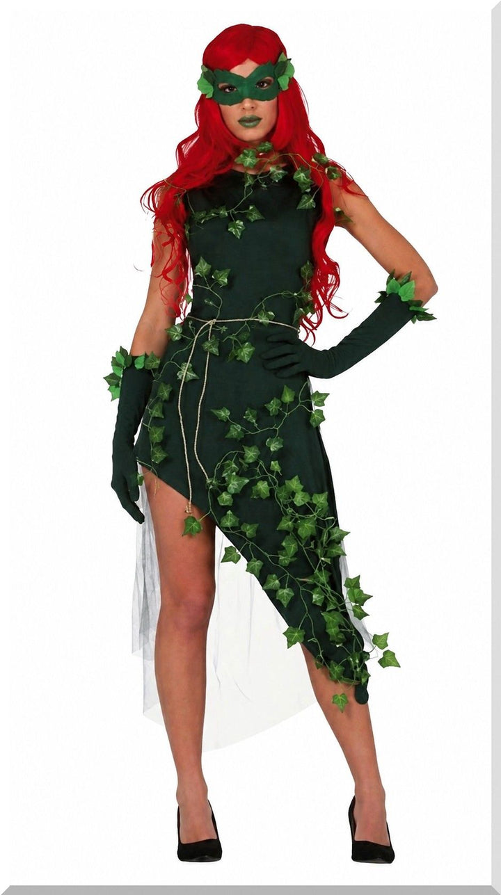 Damenkostüm Mystische Pflanzenkönigin mit asymmetrischem Kleid, Efeuranken und Armstulpen – ideal für Halloween, Karneval und Cosplay | Partystyle24
