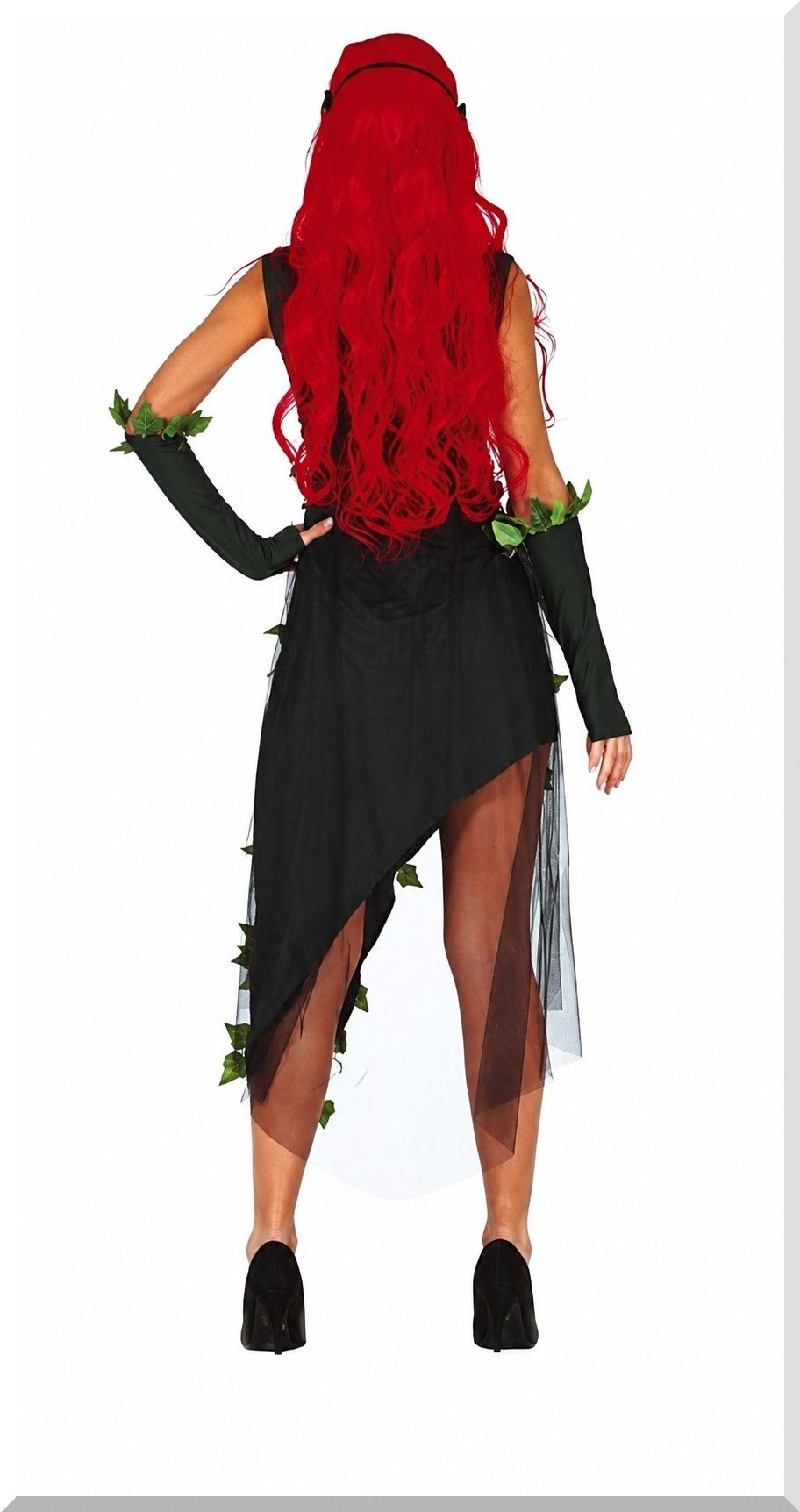 Detailansicht Damenkostüm Pflanzenkönigin mit grüner Augenmaske, Blattverzierungen und Efeu-Applikationen – Kostüm für Halloween & Fasching | Partystyle24