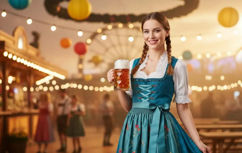 Frau mit Dirndl auf dem Oktoberfest, ein Maß Bier in der Hand und lächelt sehr schön