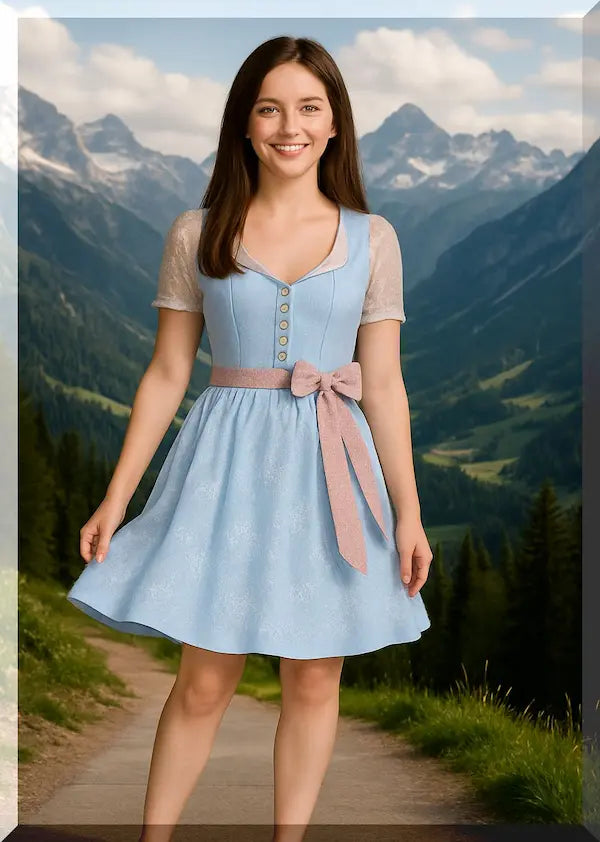 Krüger Dirndl Priscilla Mini-Dirndl 50 cm in Blau – Vorderansicht