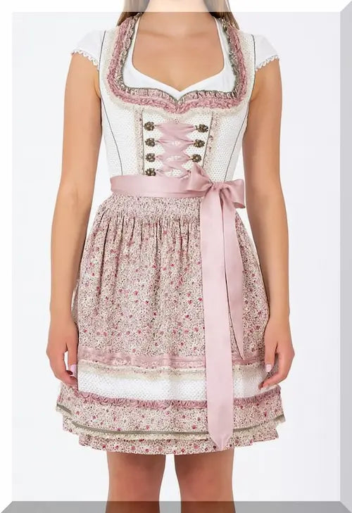 Krüger Dirndl Mon Amour Mini 50 cm in Beige mit Blumenmotiven – Vorderansicht