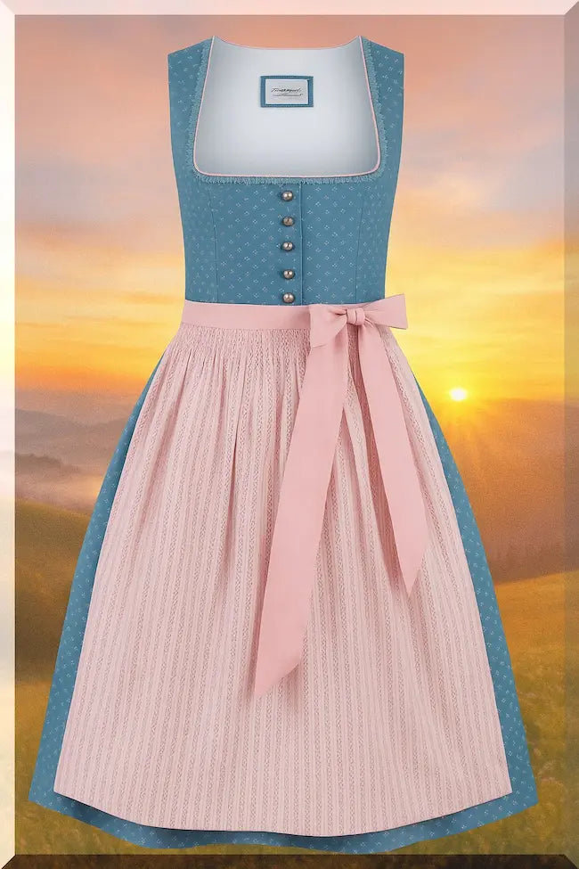 Stockerpoint Dirndl Madeline in Rauchblau mit Polka-Schürze – Vorderansicht