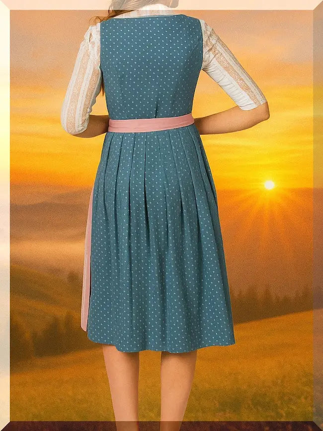 Rückansicht Dirndl Madeline – Rauchblau und Polka-Akzente