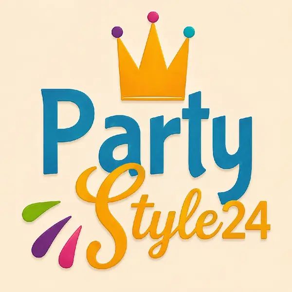 Partystyle24 Gutschein kaufen - Logo mit goldener Krone, blauem Party-Schriftzug und goldenem Style24-Schriftzug auf hellem Hintergrund.
