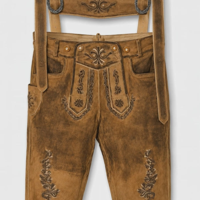 Lange hellbraune Lederhose mit Hosenträgern