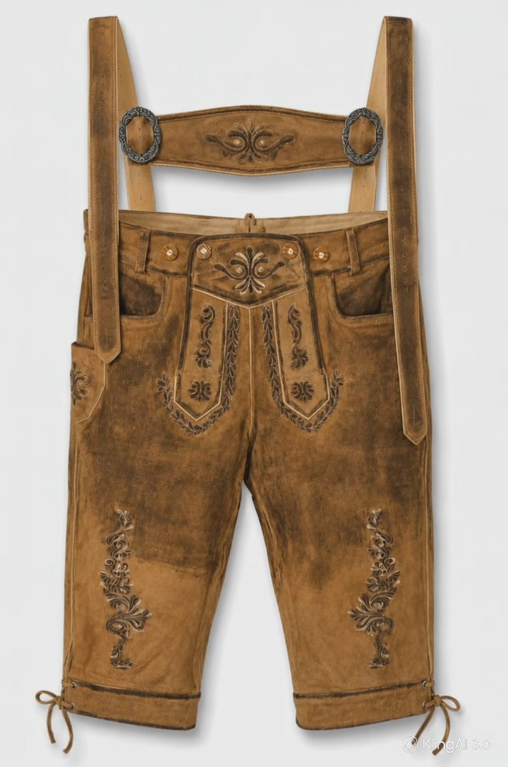 Lange hellbraune Lederhose mit Hosenträgern