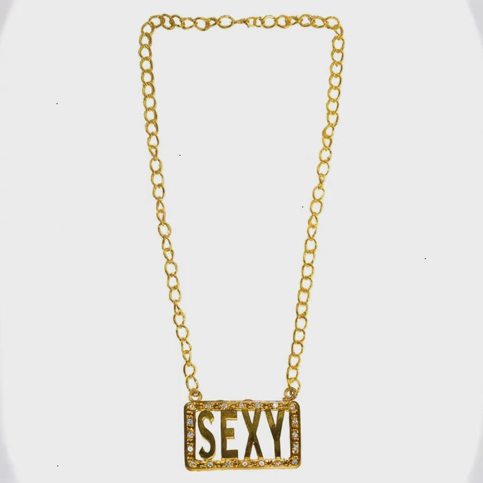 SEXY Halskette Gold – Statement-Kette mit großem SEXY-Anhänger, goldfarbene Metallkette ca. 66 cm, Unisex für Festival, Karneval, Gothic & Punk