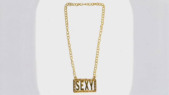 SEXY Halskette Gold – Statement-Kette mit großem SEXY-Anhänger, goldfarbene Metallkette ca. 66 cm, Unisex für Festival, Karneval, Gothic & Punk