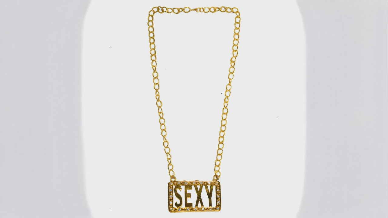 SEXY Halskette Gold – Statement-Kette mit großem SEXY-Anhänger, goldfarbene Metallkette ca. 66 cm, Unisex für Festival, Karneval, Gothic & Punk