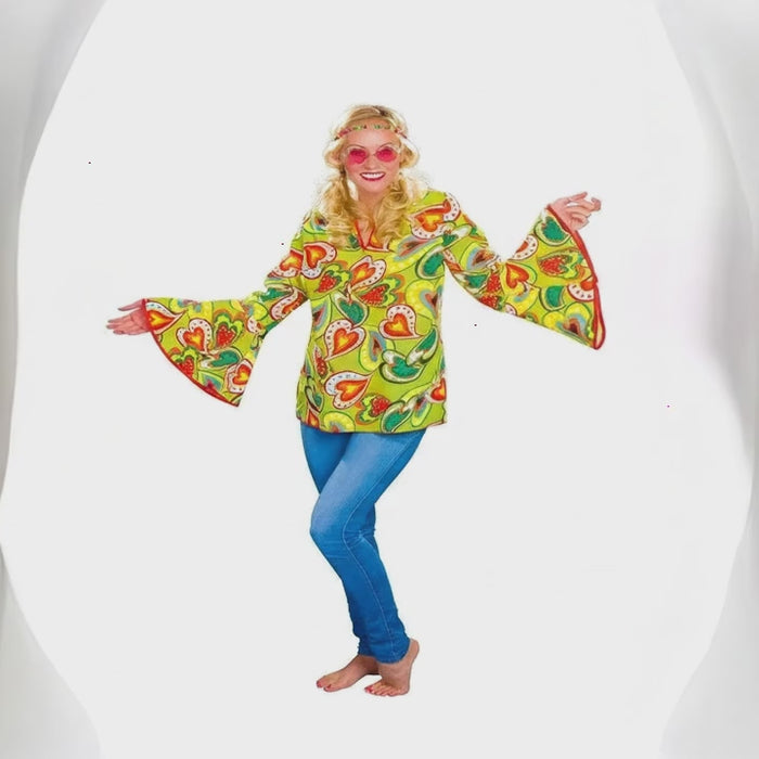 Damen Hippie Bluse Flower Power – Disco Queen Look für Karneval & Schlagerparty