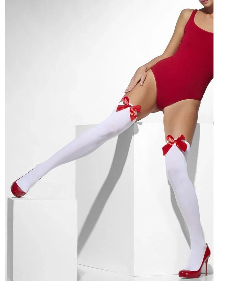Blickdichte halterlose Overknee-Strümpfe Weiß mit roten Schleifen