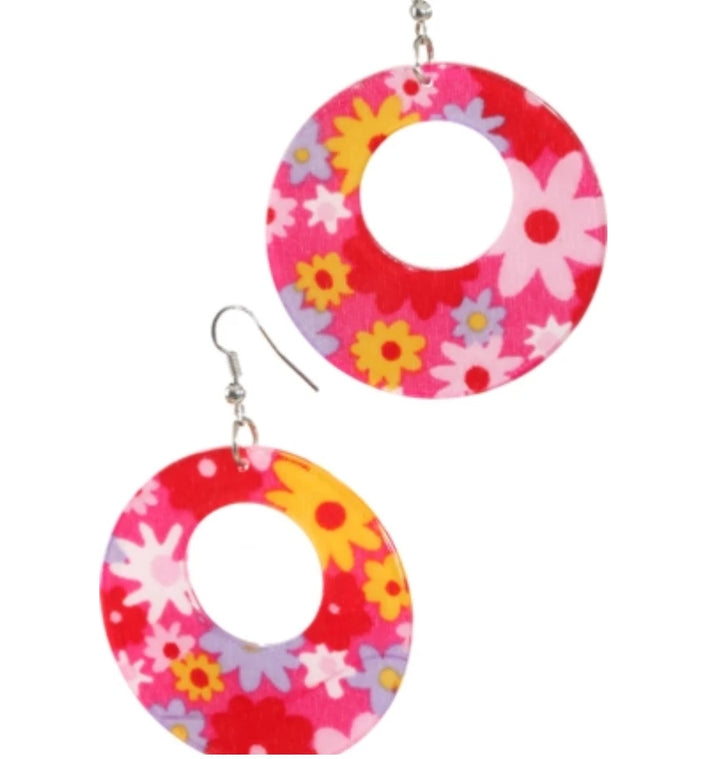 Neon Hippie Ohrringe rund und bunt – 60s/70s Party Accessoire