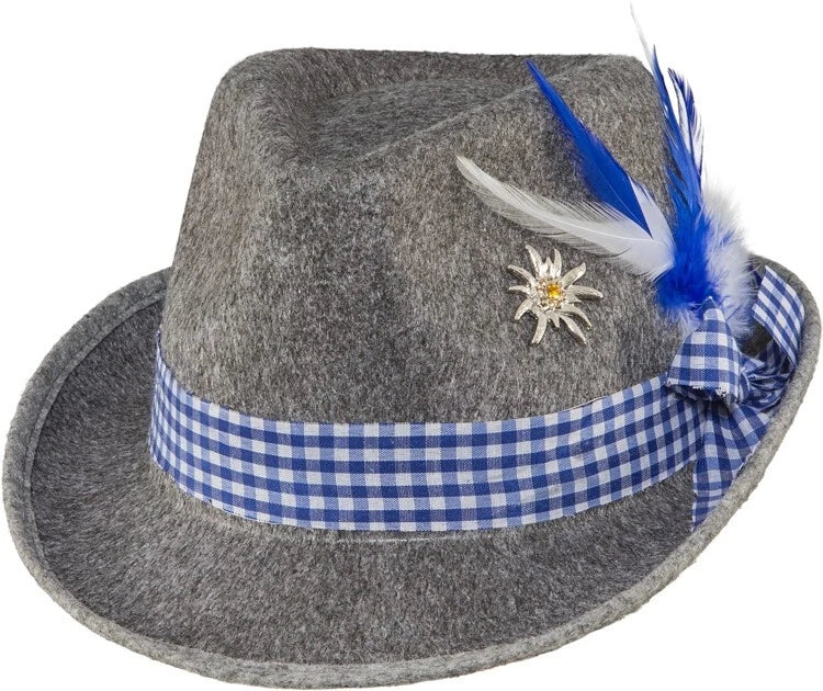 Bayernhut Wiesn Oktoberfest Hut blau grau Trachtenhut blau mit Federn Seppelhut