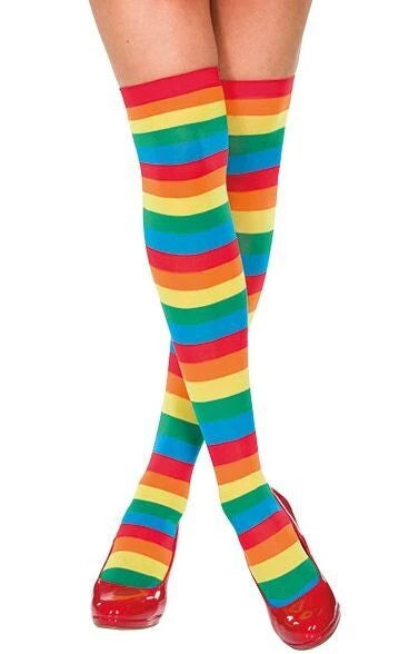 Detailansicht bunte Regenbogen Überkniestrümpfe Damen