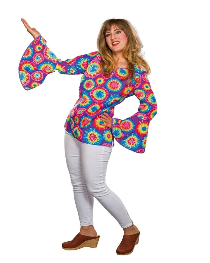 Damen Hippie Bluse lila mit Flower-Power-Muster – 70er Jahre Stil